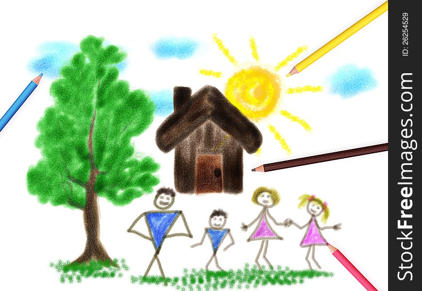 Drawing of a house, tree and happy family. Drawing of a house, tree and happy family.