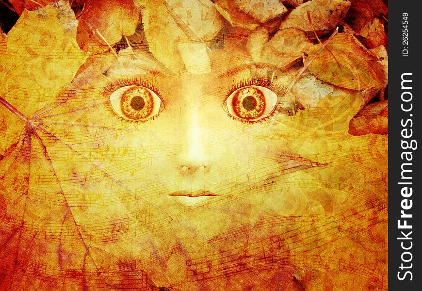 Abstract illustration of autumn leaves background and girl's face. Abstract illustration of autumn leaves background and girl's face.