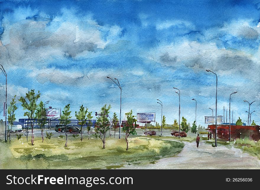 Urban landscape near a highway. Cloudy sky. Watercolor painting. Urban landscape near a highway. Cloudy sky. Watercolor painting.