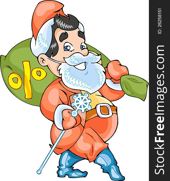 The Illustration shows Santa Claus in business style. Santa have a presents bag with percent symbol in one arm and ice wonder stick in another arm. Santa dressed in red hat, fur coat, pants and boots. The illustration done in cartoon style. The Illustration shows Santa Claus in business style. Santa have a presents bag with percent symbol in one arm and ice wonder stick in another arm. Santa dressed in red hat, fur coat, pants and boots. The illustration done in cartoon style.