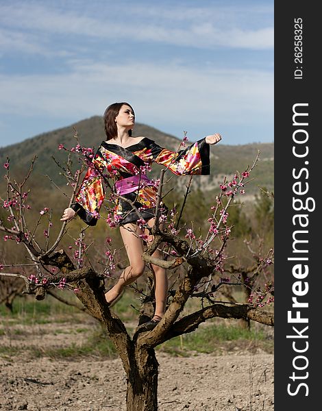 Girl in kimono on the tree and flowerses of the peach. Girl in kimono on the tree and flowerses of the peach
