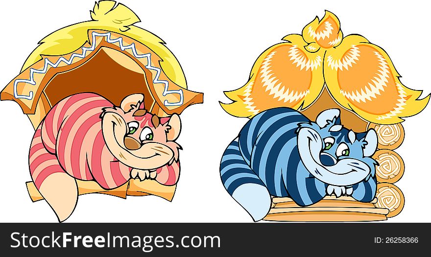 The illustration shows a fat cat on a background of a wooden fairy house. His appearance cat symbolizes wealth, peace and comfort in the house. The illustration shows a fat cat on a background of a wooden fairy house. His appearance cat symbolizes wealth, peace and comfort in the house.