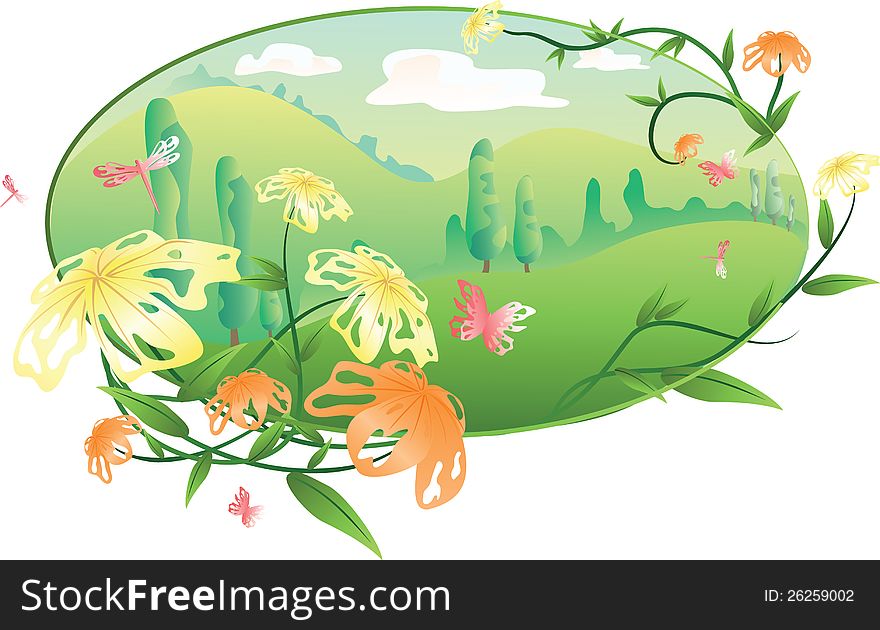 Beautiful decorative landscape, with flowers, green swirls, green hills and trees. Butterflies and dragonflies is flying around. Beautiful decorative landscape, with flowers, green swirls, green hills and trees. Butterflies and dragonflies is flying around.