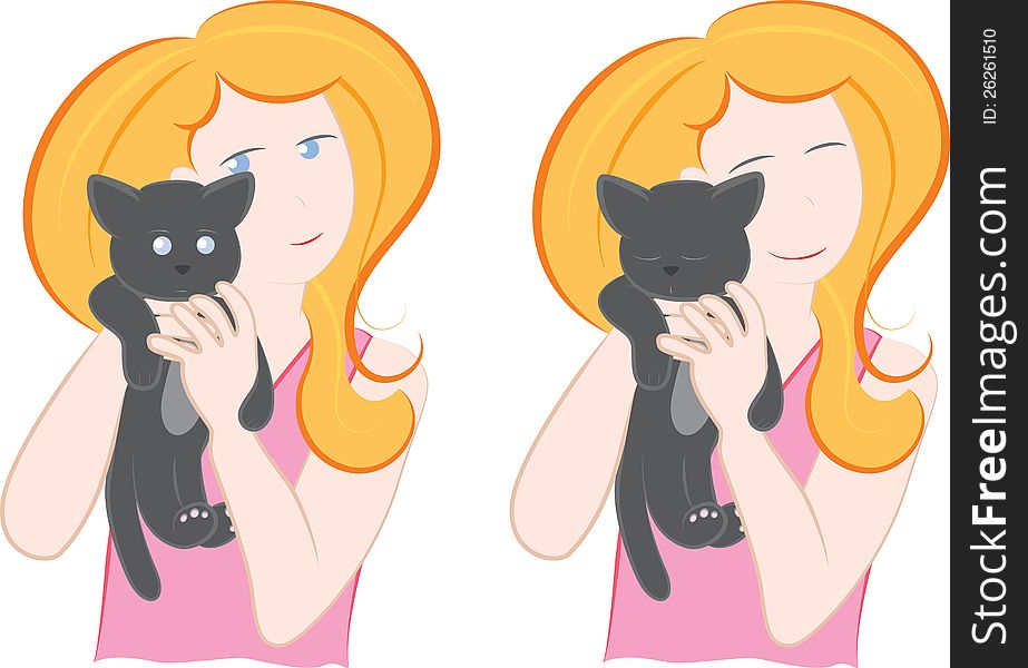 A cartoon featuring a blonde young woman holding a kitten in her arms. A cartoon featuring a blonde young woman holding a kitten in her arms