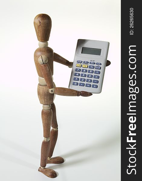 A wood doll with calculator