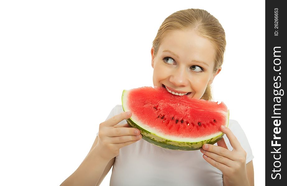 Young woman eating a juicy watermelon isolated on white background. Young woman eating a juicy watermelon isolated on white background