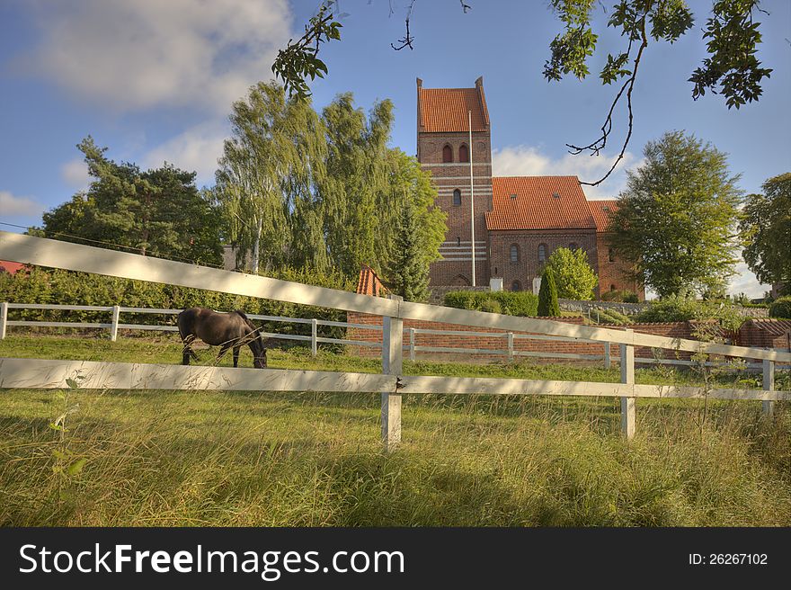 Countryside church and horse in Led�je Denmark. Countryside church and horse in Led�je Denmark