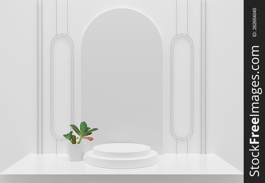 3D illustration of white cylindrical plinth for a modern conceptual product presentation with a plant, arch, pedestal, 3d render