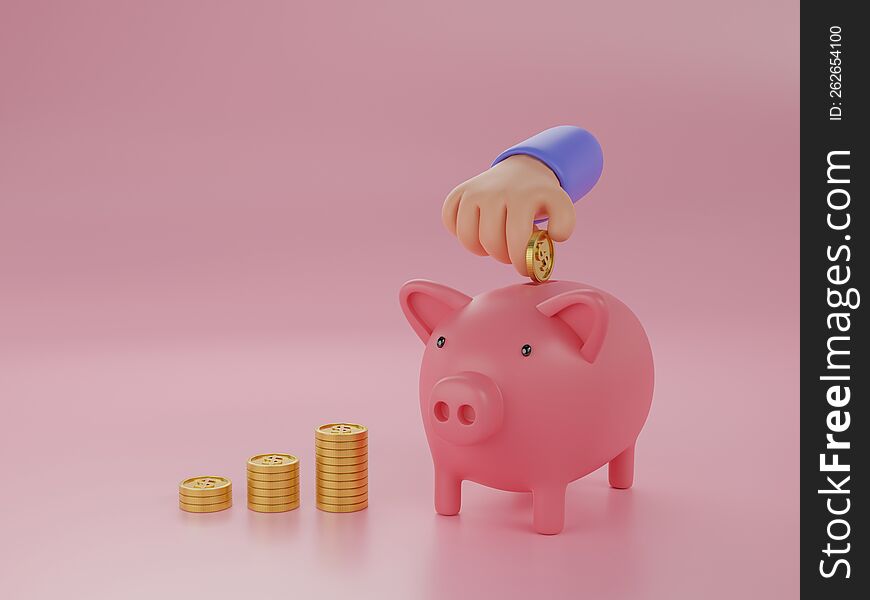 3D illustrate of hand putting a coin into pink piggy money savings concept on pink background