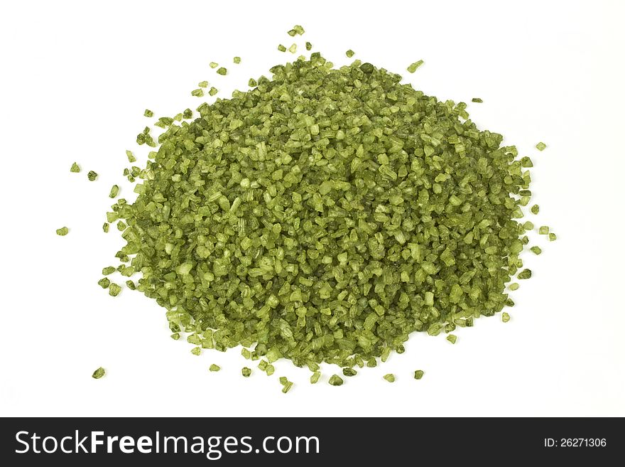 Fine heap of green salt used in aroma therapy