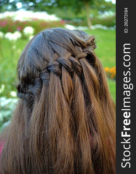 Partly braided long brown hair with a blurred garden background. Partly braided long brown hair with a blurred garden background