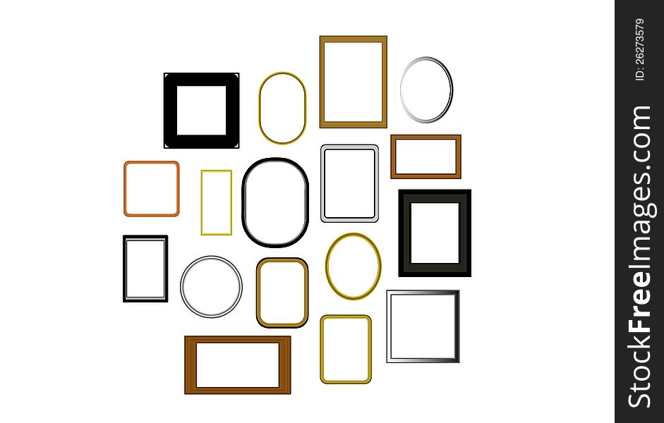 Vector picture frames of many sizes and colours