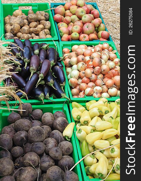 Harvest of vegetables and fruits for gastronomic background