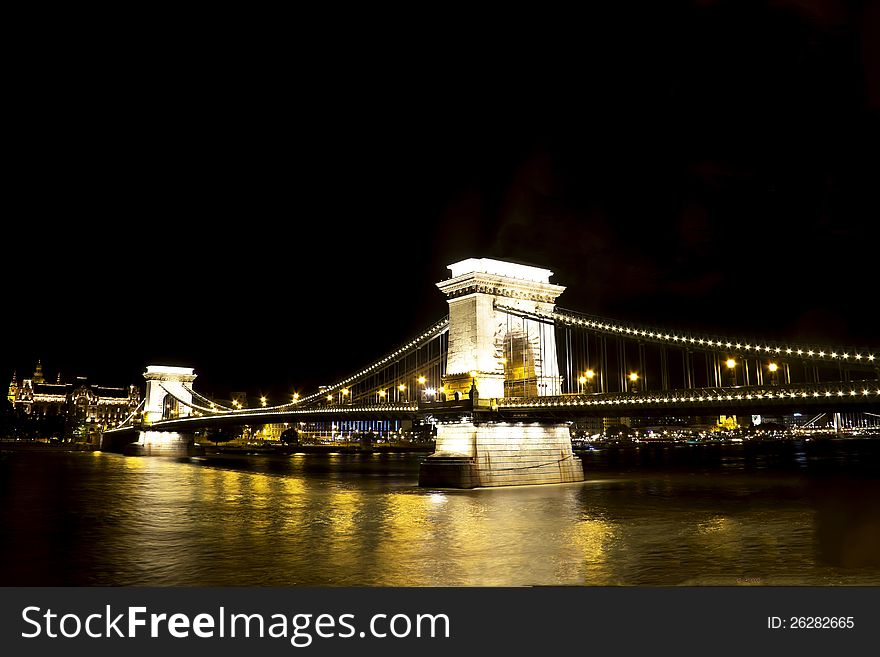 Hungarian landmark, Chain Bridge on Danube river in Budapest at night