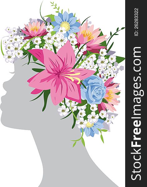 Woman with flowers on head on grey background