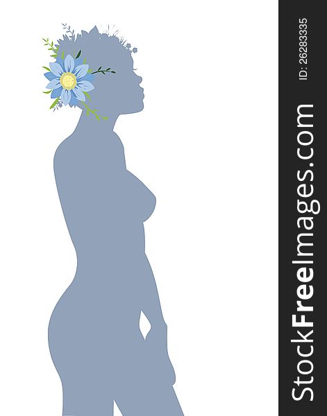 Woman with blue flower on white background
