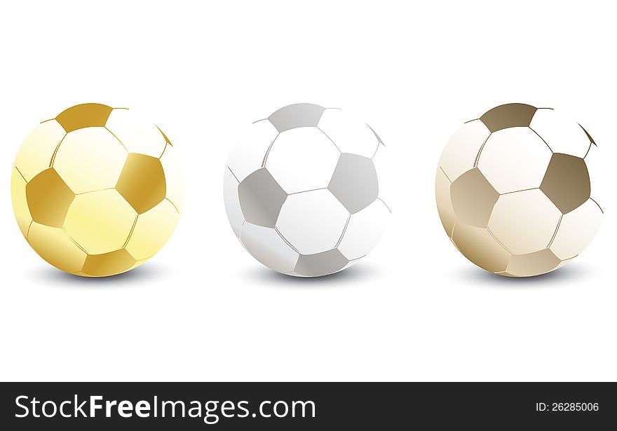 Golden, Silver and Bronze Soccer Ball on white background