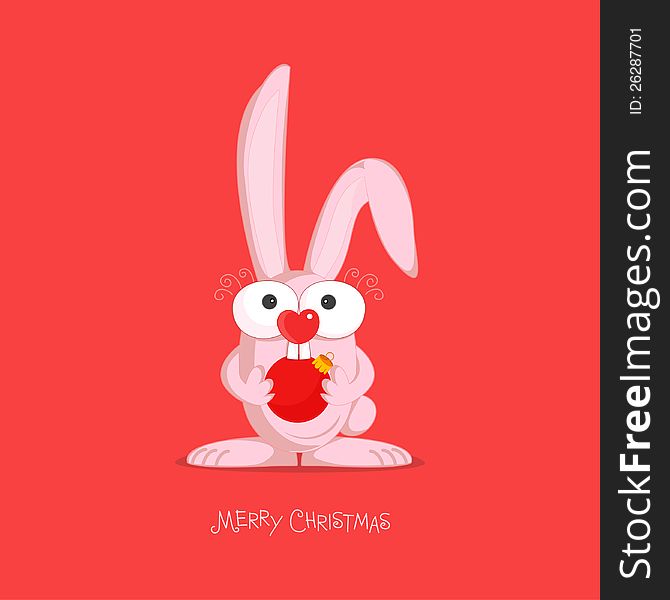 Christmas card theme with a funny bunny holding a christmas ball ornament. Christmas card theme with a funny bunny holding a christmas ball ornament.
