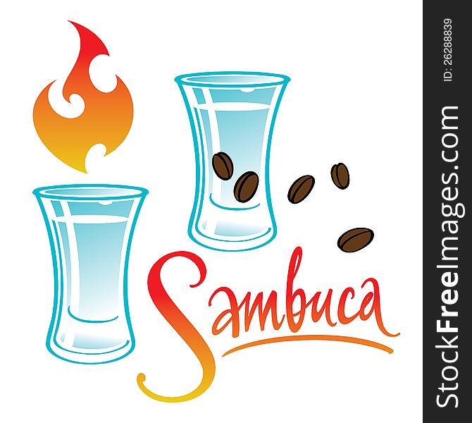 Exotic alcohol drink Sambuca burning fire flames and coffee seeds