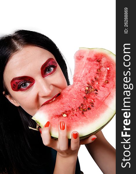 Portrait of a girl eating a watermelon