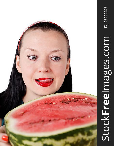 She licks her lips looking at the watermelon isolated white background