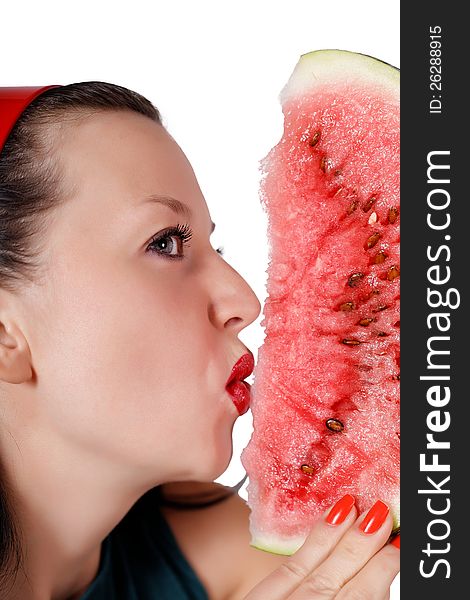 She loves watermelon isolated white background