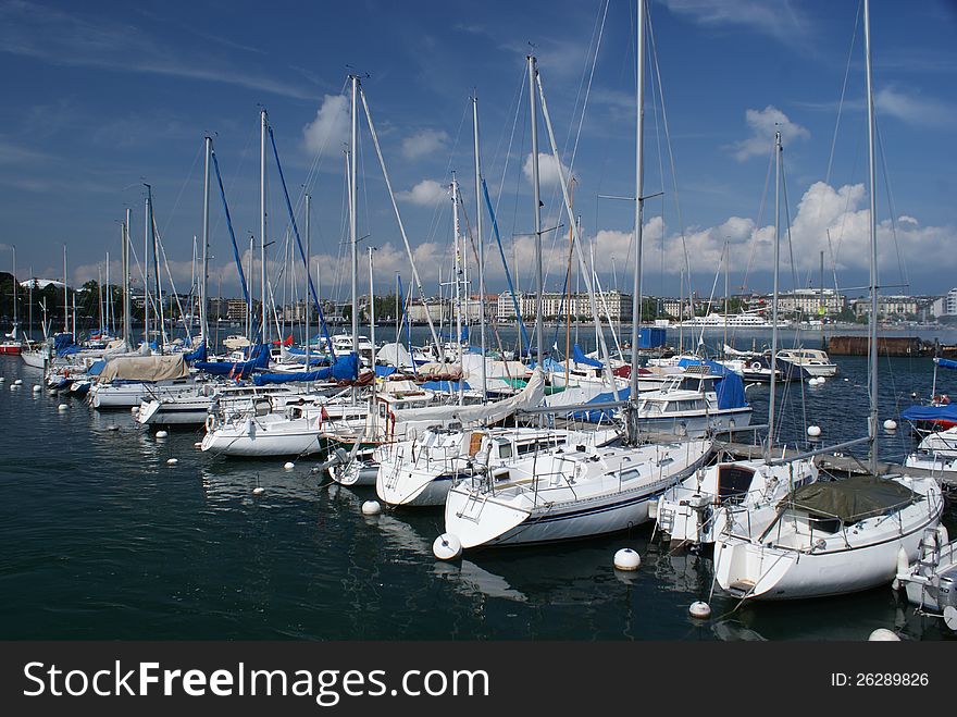 View of Geneve and yachts on Lac Leman - Switzerland. View of Geneve and yachts on Lac Leman - Switzerland