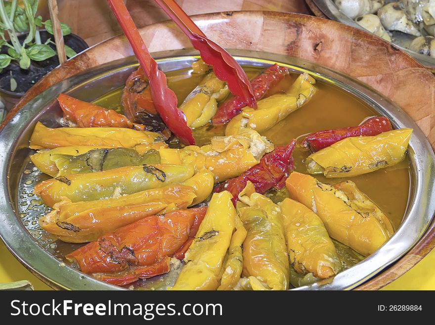 Salad of pickled peppers at the farmers market