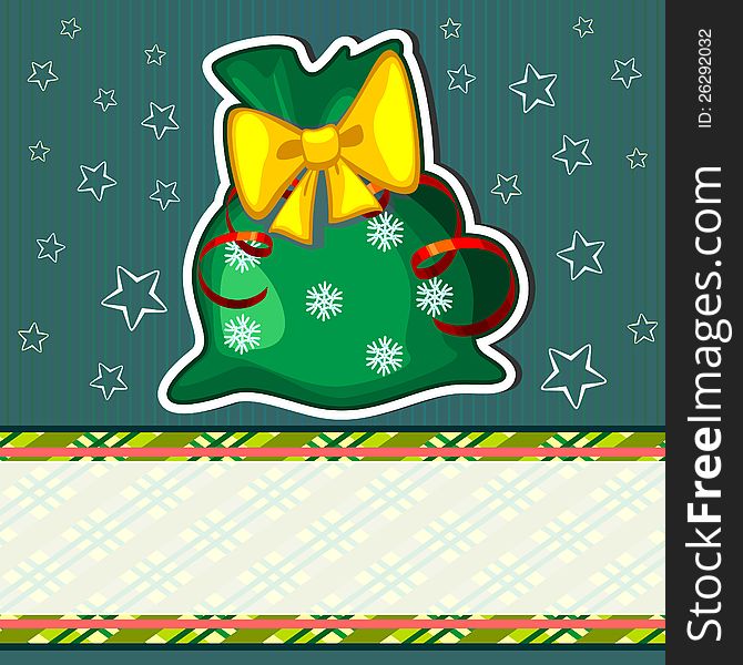 Green Christmas card with big sack with presents. Green Christmas card with big sack with presents