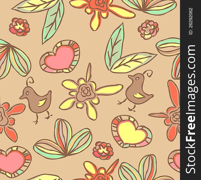 Doodle seamless background with flowers and leaves and hearts. Doodle seamless background with flowers and leaves and hearts