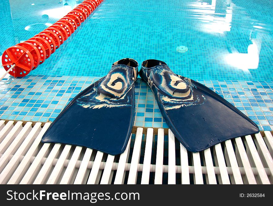 Dark blue flippers near the swimming path in the coast of swimming-pool. Dark blue flippers near the swimming path in the coast of swimming-pool