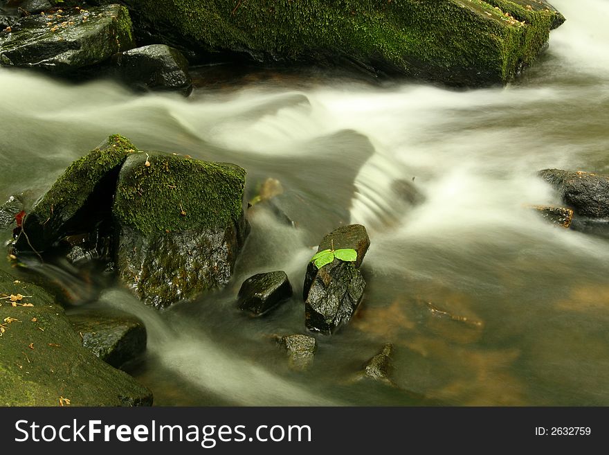 Fast flowing water down a  stream