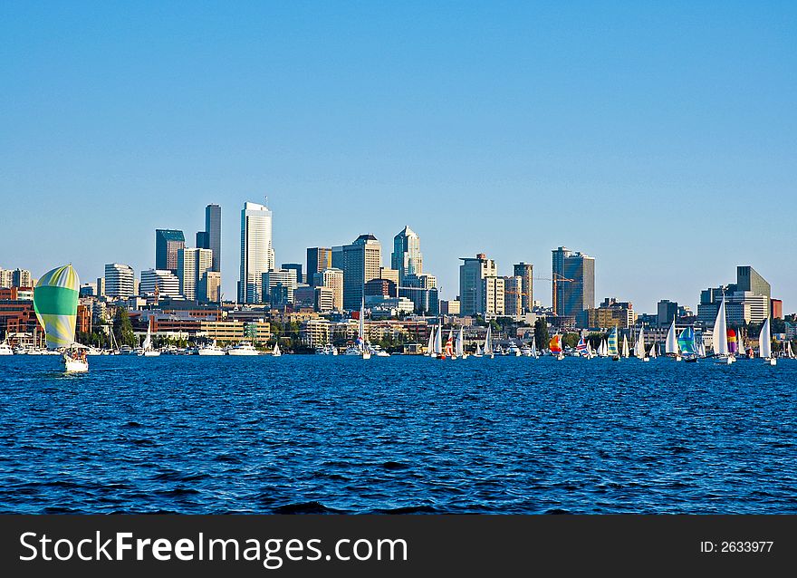 A group of sailboats on Lake Union in Seattle, WA. A group of sailboats on Lake Union in Seattle, WA