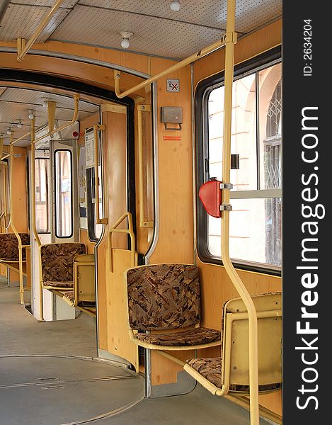 Articulated old type empty tram interior in Budapest (Hungary). Articulated old type empty tram interior in Budapest (Hungary)