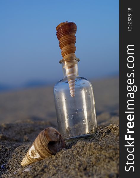 Summer composition with a glass bottle and beautiful shell at sunset. Summer composition with a glass bottle and beautiful shell at sunset