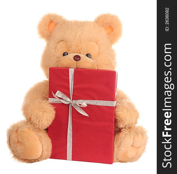 Yellow bear with red box-gift. Yellow bear with red box-gift