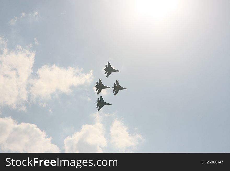 Four Russian military aircraft in the sun. Four Russian military aircraft in the sun