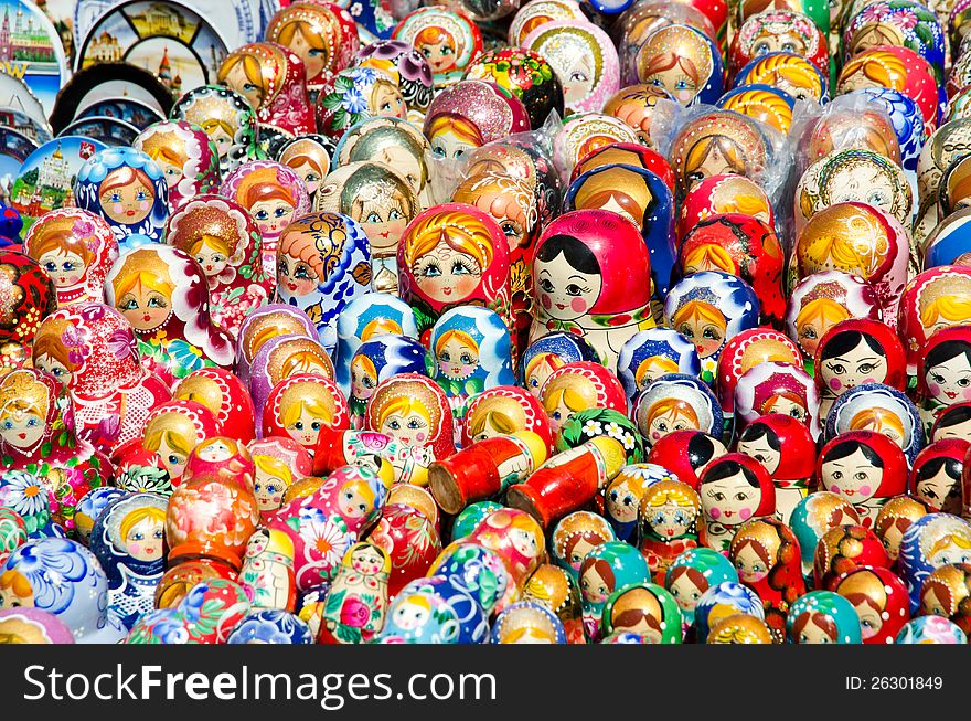 Matryoshka dolls on the tourist souvenir
 makeshift stand on Red Square in Moscow, Russia. Matryoshka dolls on the tourist souvenir
 makeshift stand on Red Square in Moscow, Russia