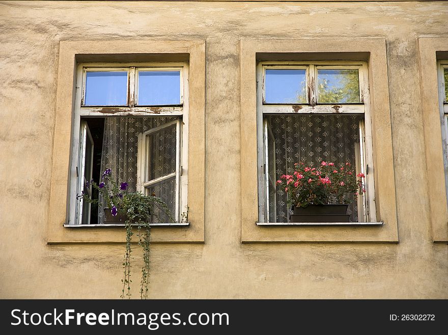 Open windows with flowers on the windowsill. Open windows with flowers on the windowsill