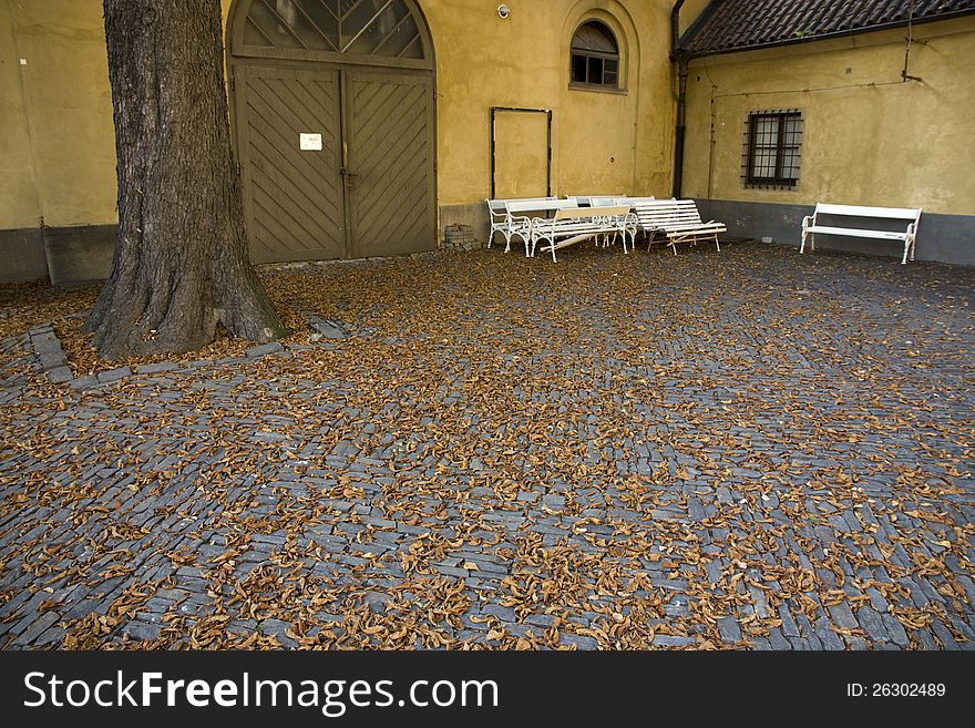 Courtyard in autumn with fallen leaves. Courtyard in autumn with fallen leaves