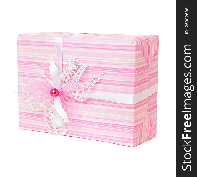 Pink gift box with bow isolated on white background