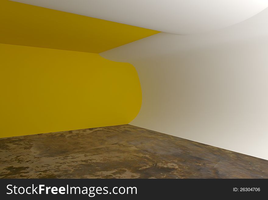 Abstract yellow curve wall with empty room grunge cement floor