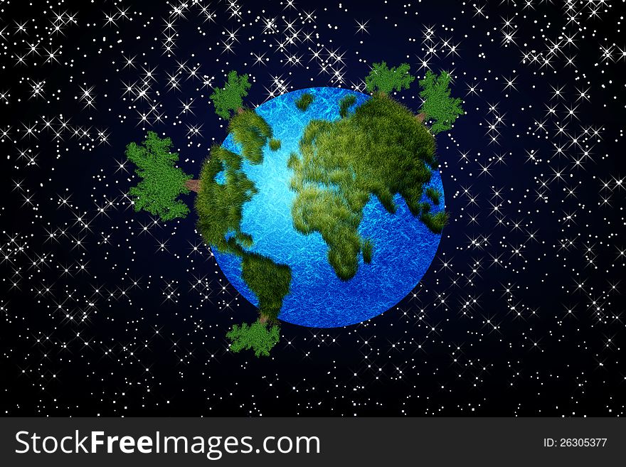 Abstract illustration of miniature planet with trees. Abstract illustration of miniature planet with trees.