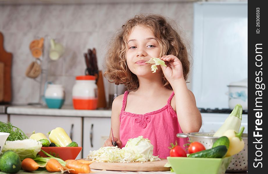 Girl preparing healthy food vegetable salad