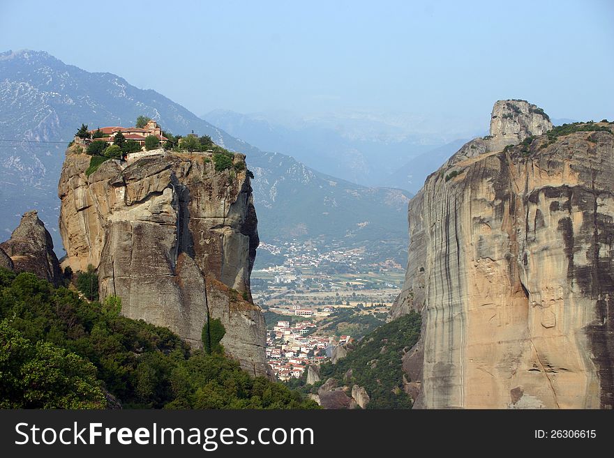 A scenic view from the orthodox monasteries ensemble at Meteora, Greece