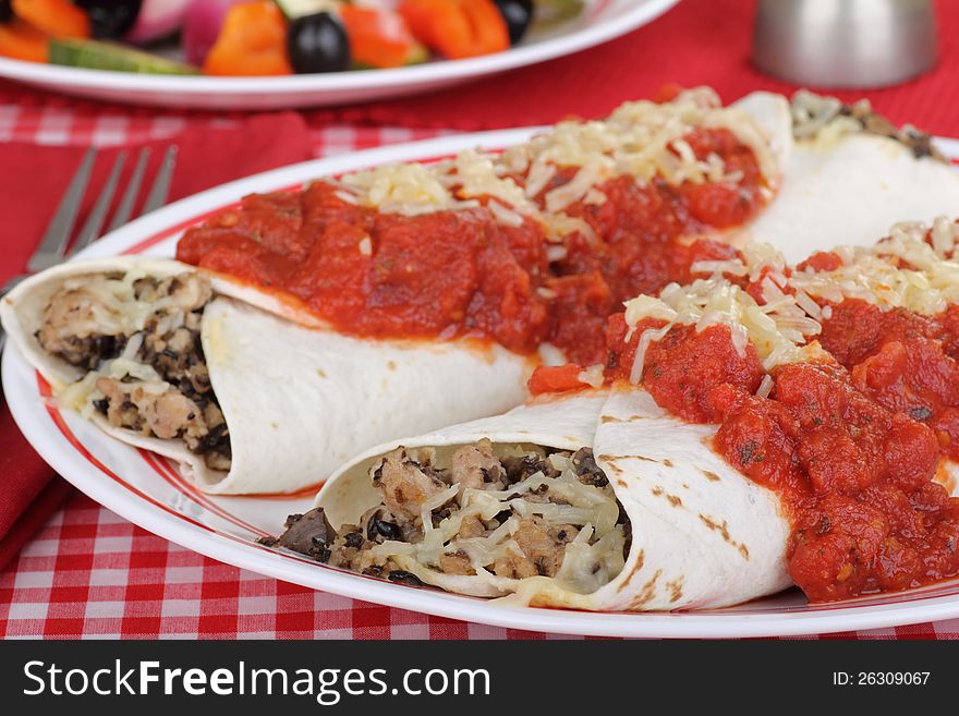 Two enchiladas with tomato sauce and cheese. Two enchiladas with tomato sauce and cheese