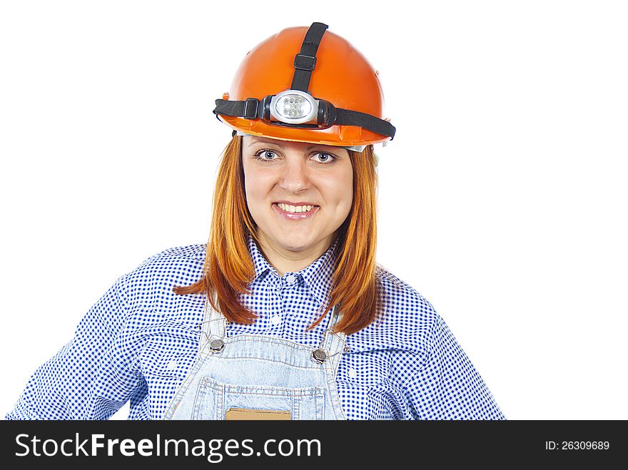 Portrait of working staff in a helmet isolated on white background. Portrait of working staff in a helmet isolated on white background