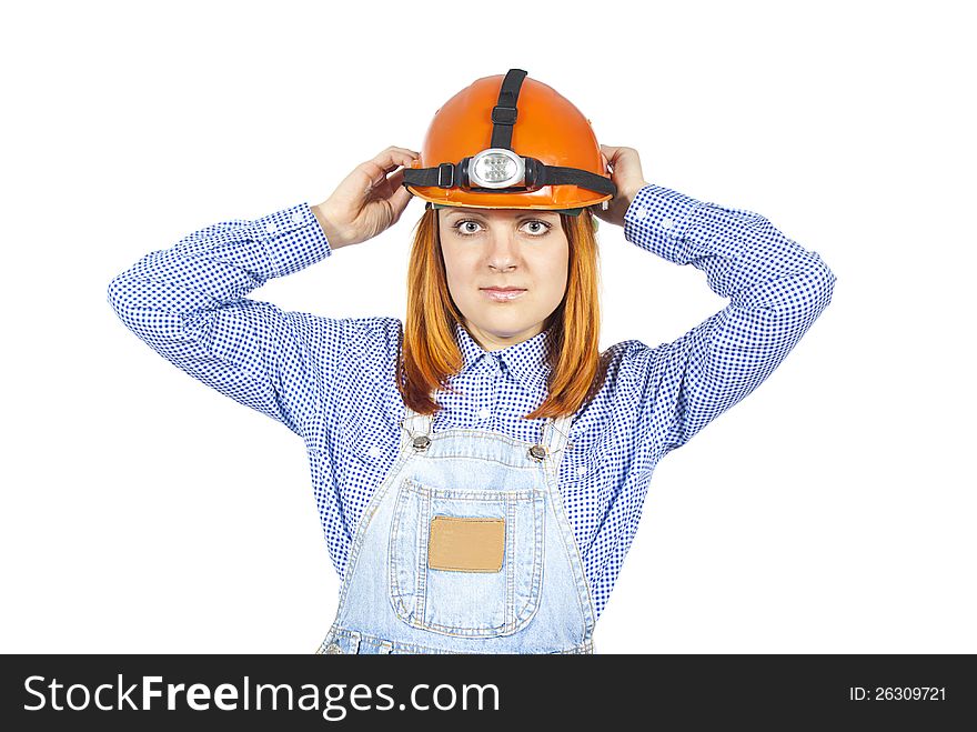 Business girl in a helmet and robes