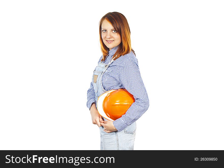 Girl construction in helmet isolated. Girl construction in helmet isolated