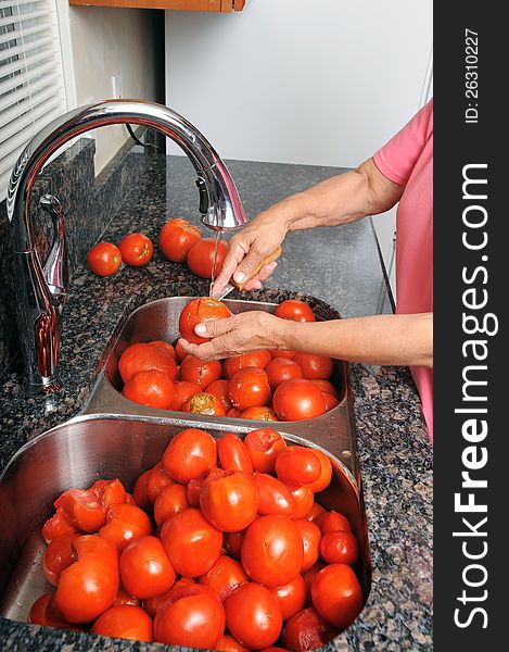 A woman prepares tomatoes for canning by removing the core of the tomato. A woman prepares tomatoes for canning by removing the core of the tomato.